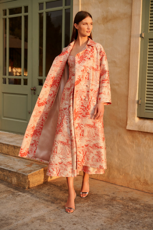 Wiggy Kit | The Opera Coat | Model wearing maxi occasion coat in white and red pattern with matching dress