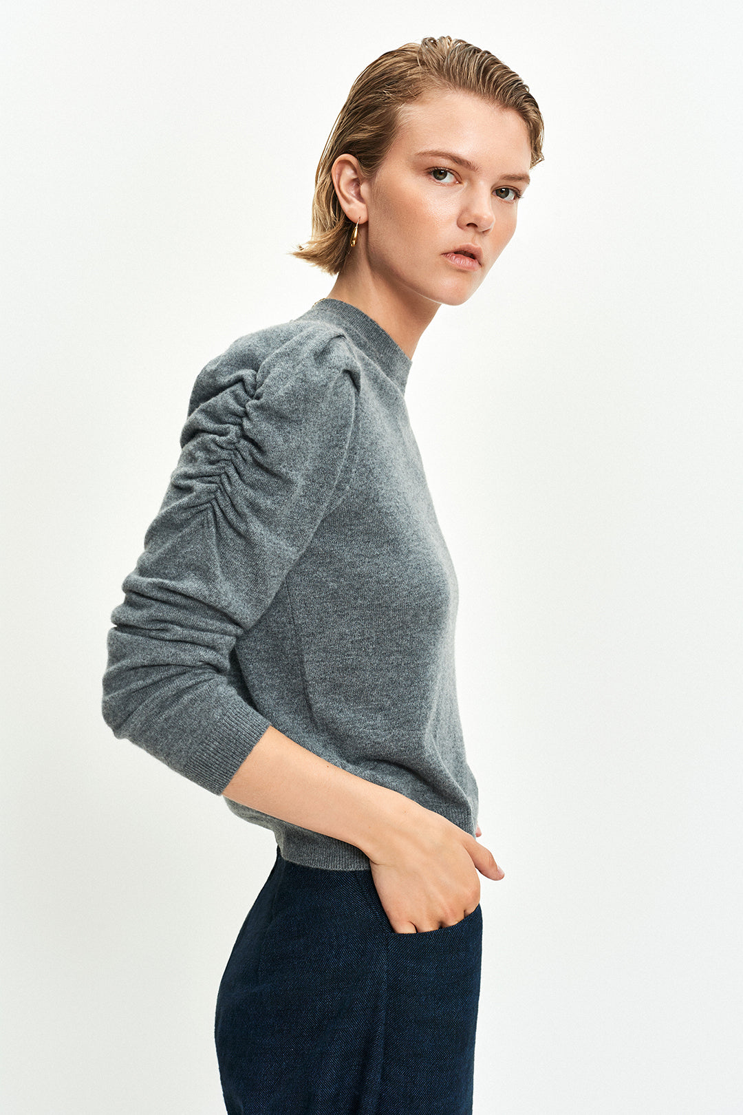 Gather Sleeve Sweater (Marl Grey)