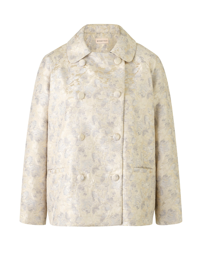 Wiggy Kit | The Mercer Jacket | Product image of white patterned occasion jacket with 8 large buttons on white background