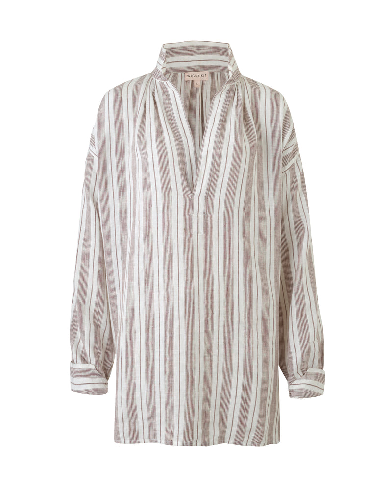 Wiggy Kit | Haberdasher’s Shirt (Brown Stripe) | Product image of  brown stripe long sleeve shirt