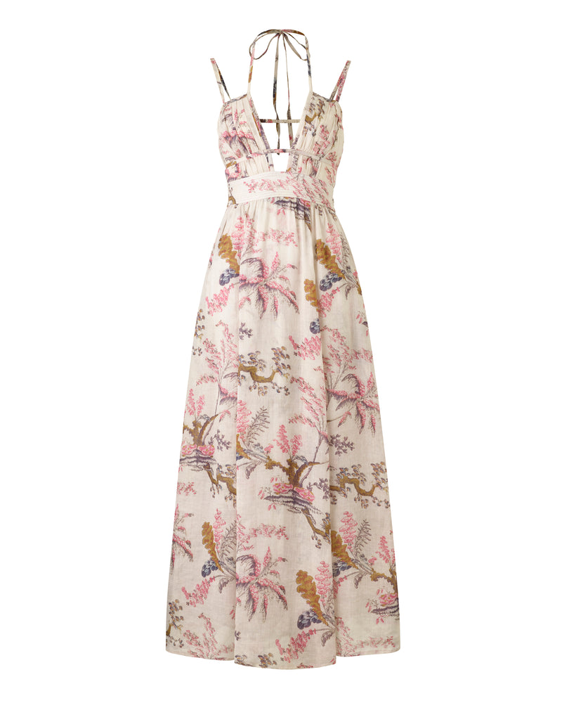 Wiggy Kit | The August Dress (Palm Print) | Product image of white maxi dress in palm tree print 