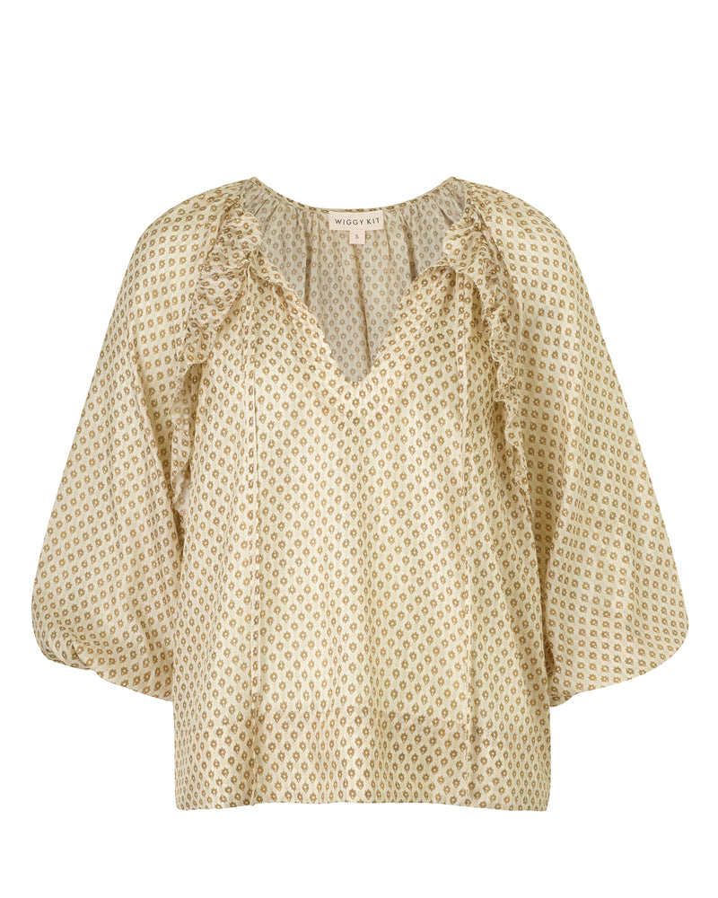 Wiggy Kit | Saffron Top (Gold Foulard) | Product image of golden patterned blouse