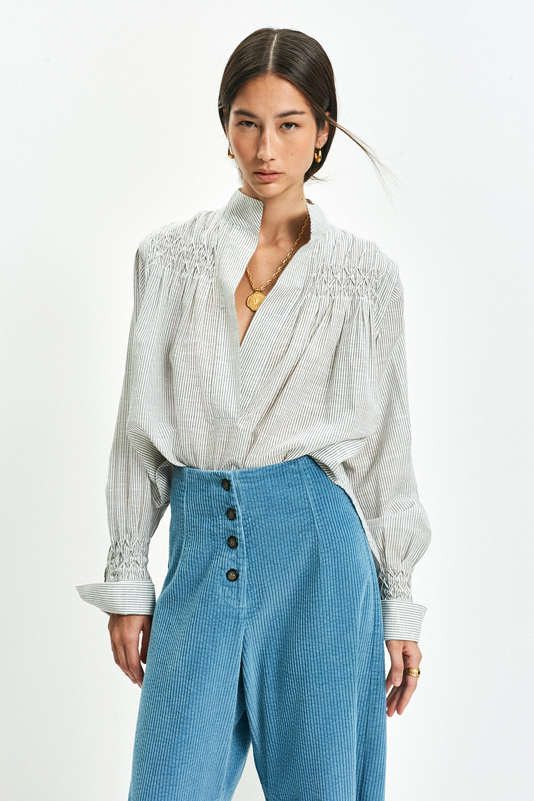 Smocked Shirt (Grey Stripe)
