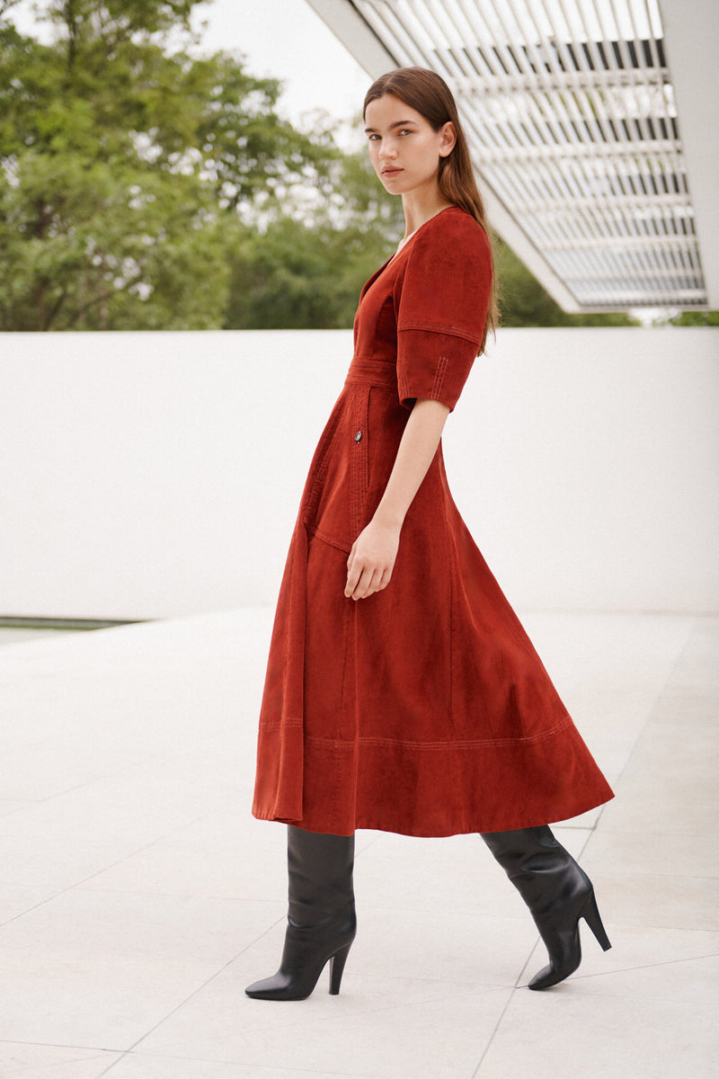 Wiggy Kit | Lantern Dress | Model Wearing Red Lantern Dress with Black Boots