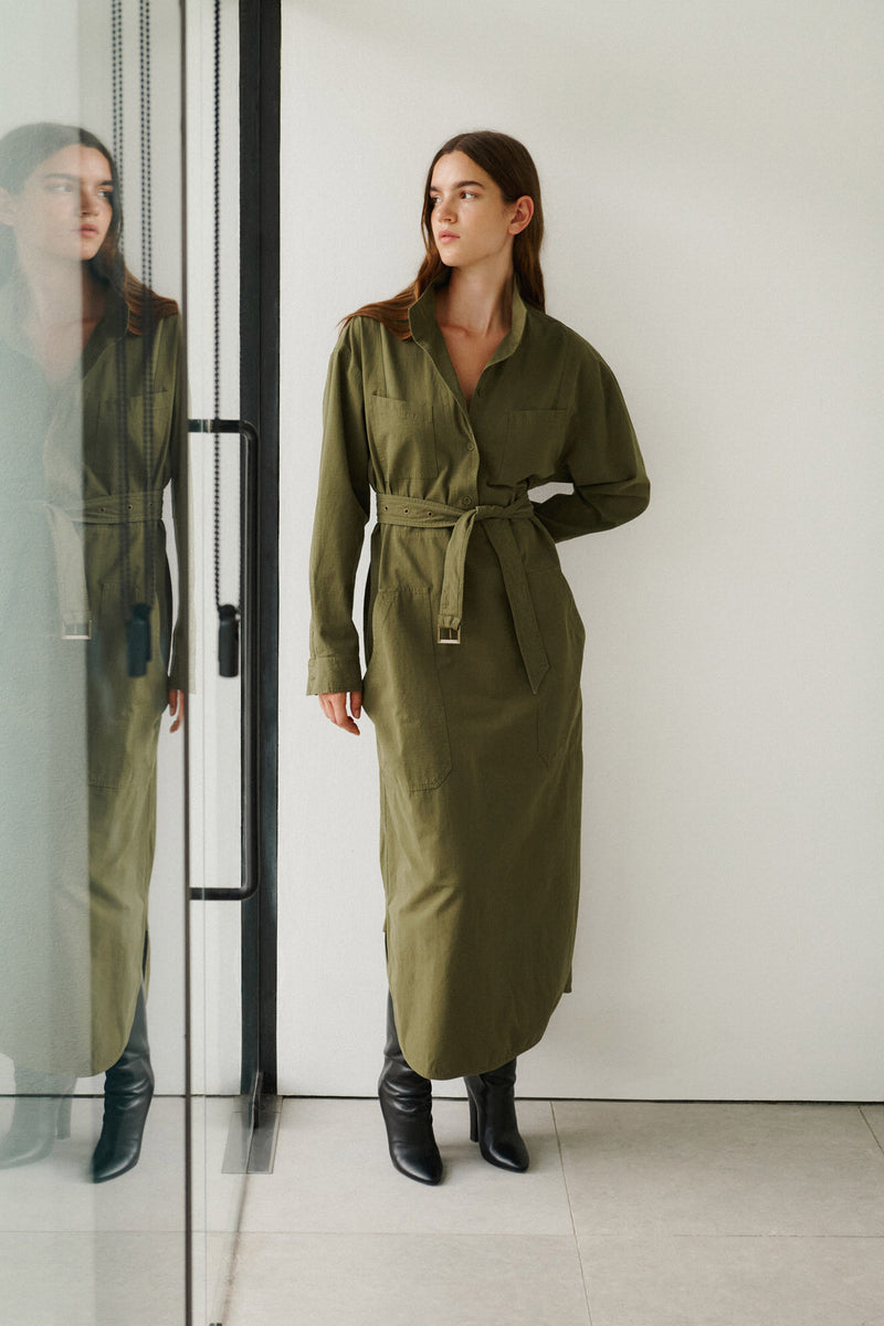 Wiggy Kit | Ripstop Surplus Dress in Green | Model Wearing Maxi Ripstop Surplus Dress in Green