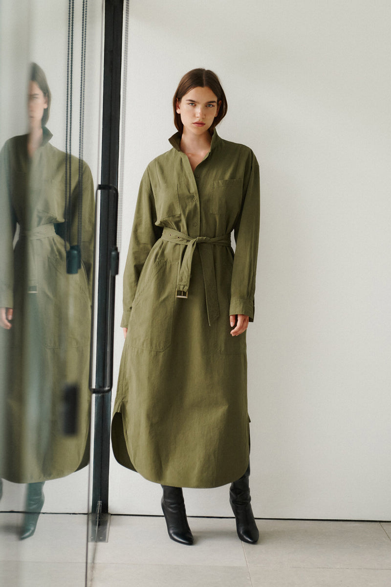 Wiggy Kit | Ripstop Surplus Dress in Green | Model Wearing Maxi Ripstop Surplus Dress in Green