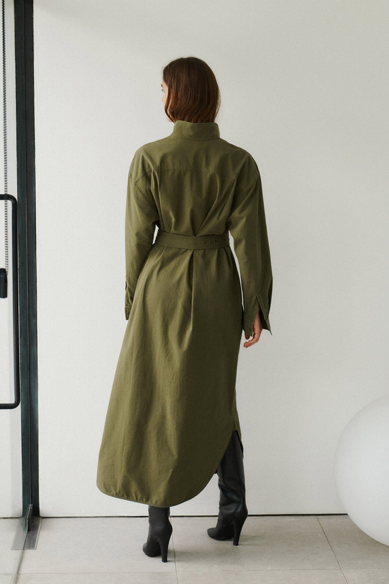 Wiggy Kit | Ripstop Surplus Dress in Green | Model Wearing Maxi Ripstop Surplus Dress in Green