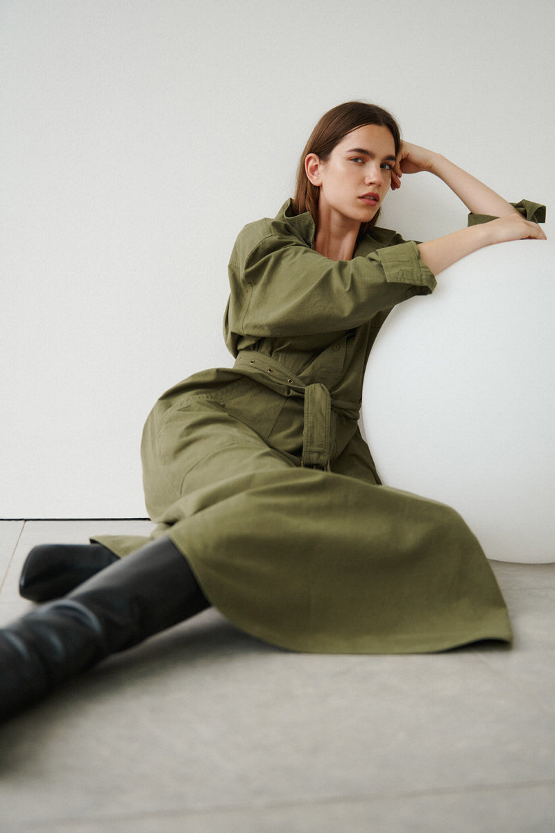 Wiggy Kit | Ripstop Surplus Dress in Green | Model Wearing Maxi Ripstop Surplus Dress in Green