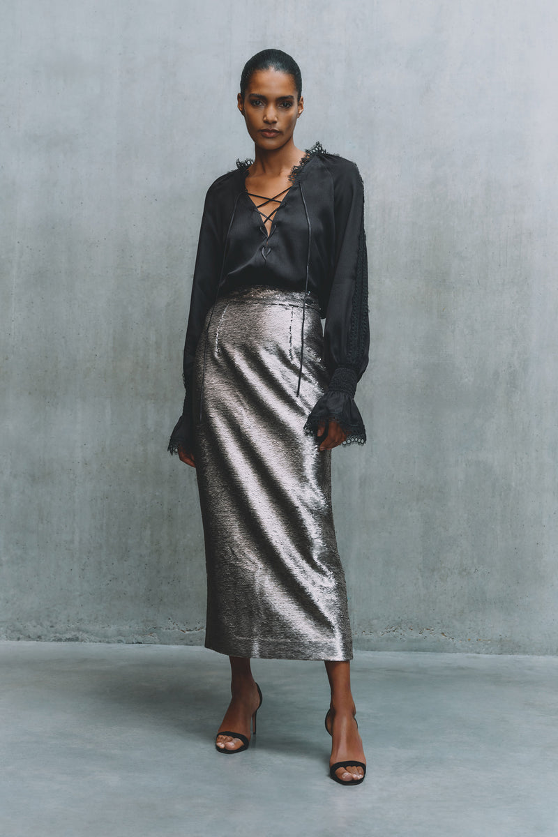 Wiggy Kit | Eva Skirt- Pewter | Model Wearing Silver Sequin Skirt