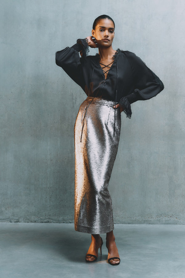 Wiggy Kit | Eva Skirt- Pewter | Model Wearing Silver Sequin Skirt