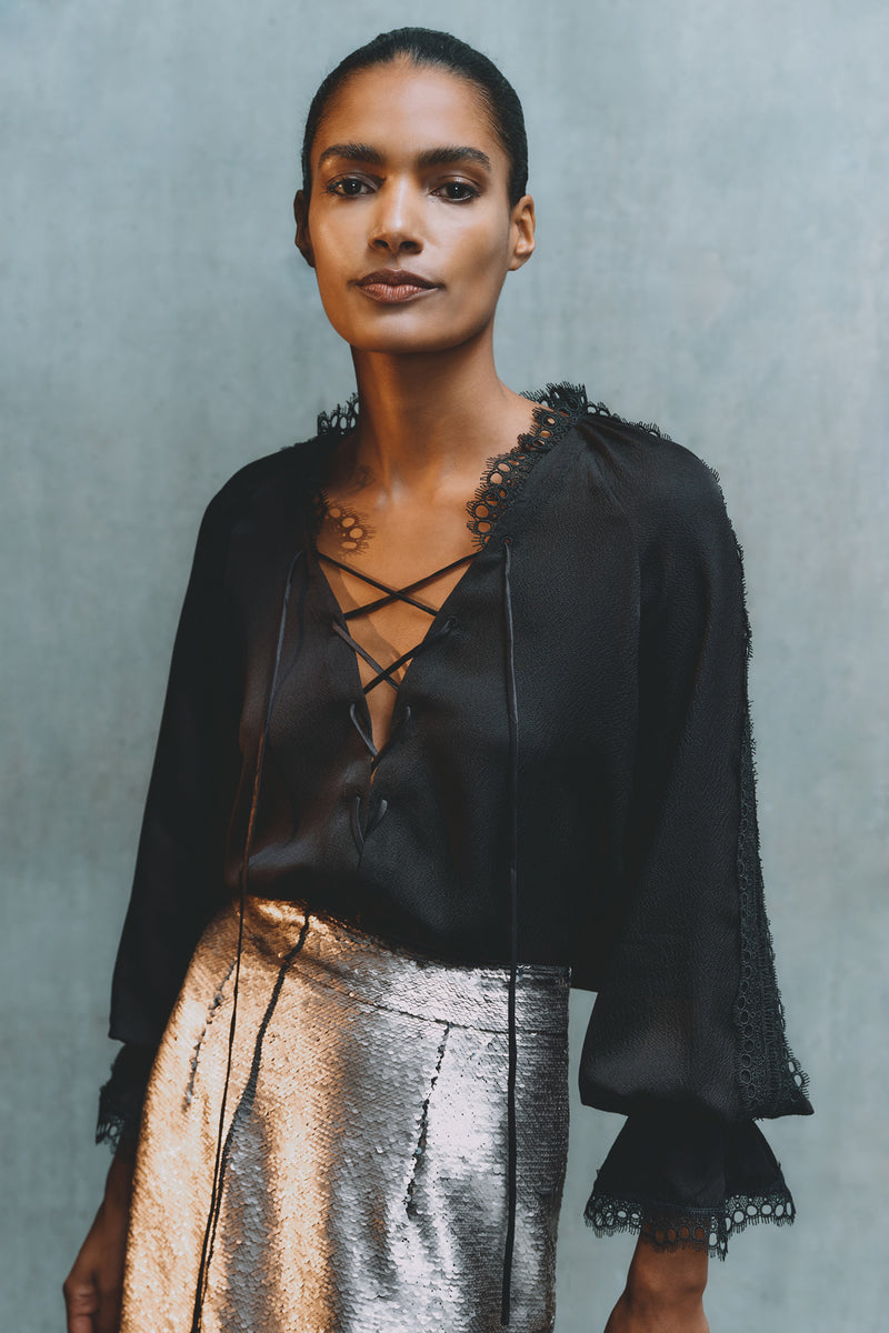 Wiggy Kit | Pirate Shirt in Black | Model Wearing Black Blouse with Long-Sleeves