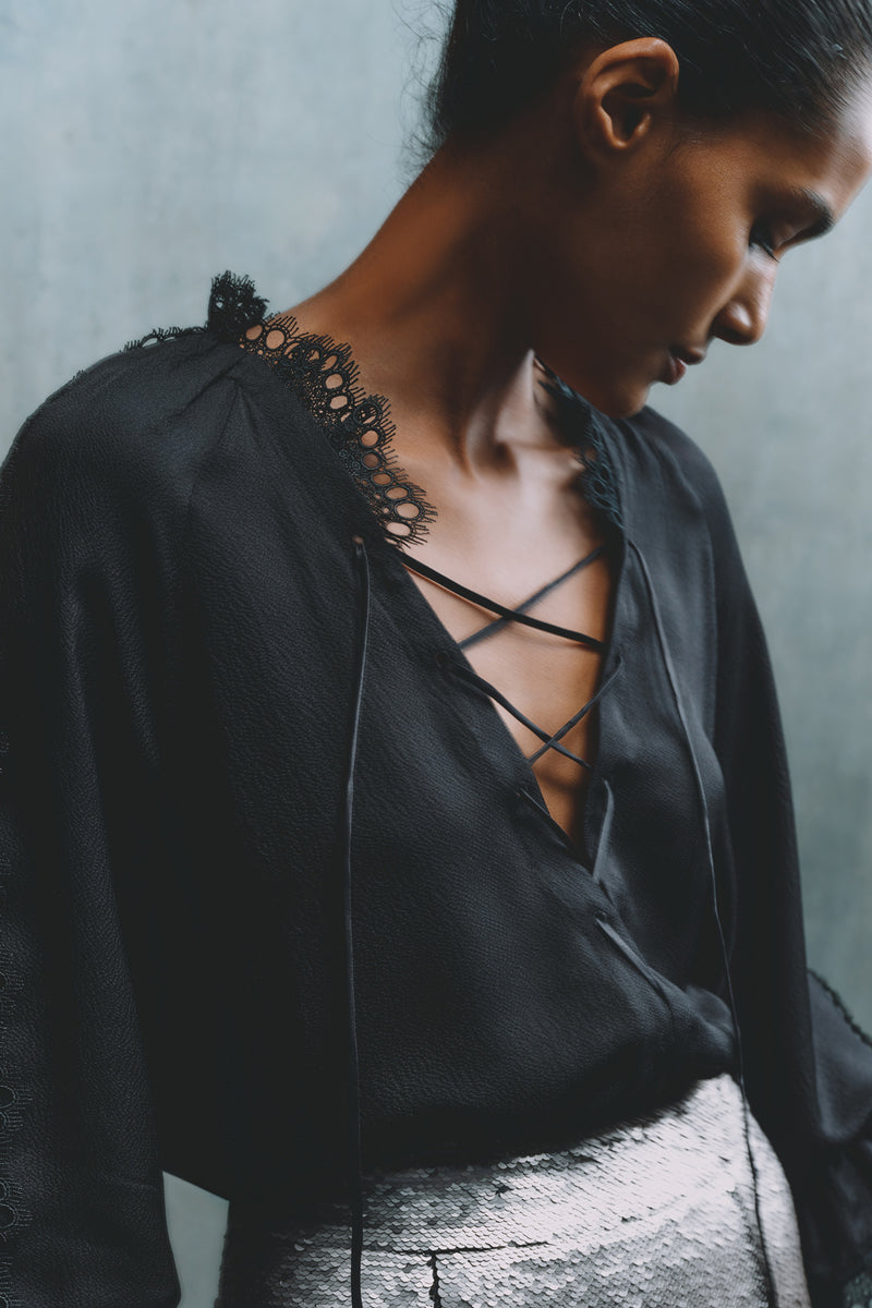 Wiggy Kit | Pirate Shirt in Black | Model Wearing Black Blouse with Long-Sleeves