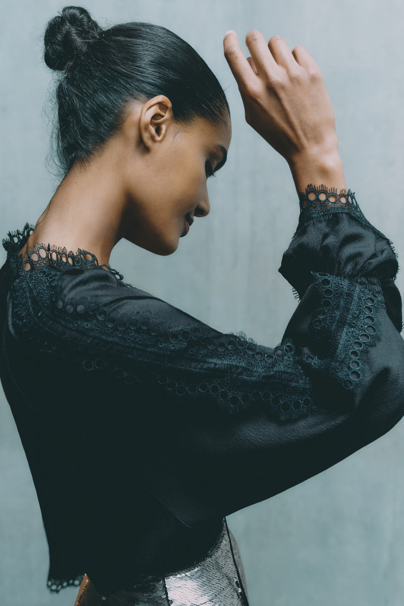 Wiggy Kit | Pirate Shirt in Black | Model Wearing Black Blouse with Long-Sleeves