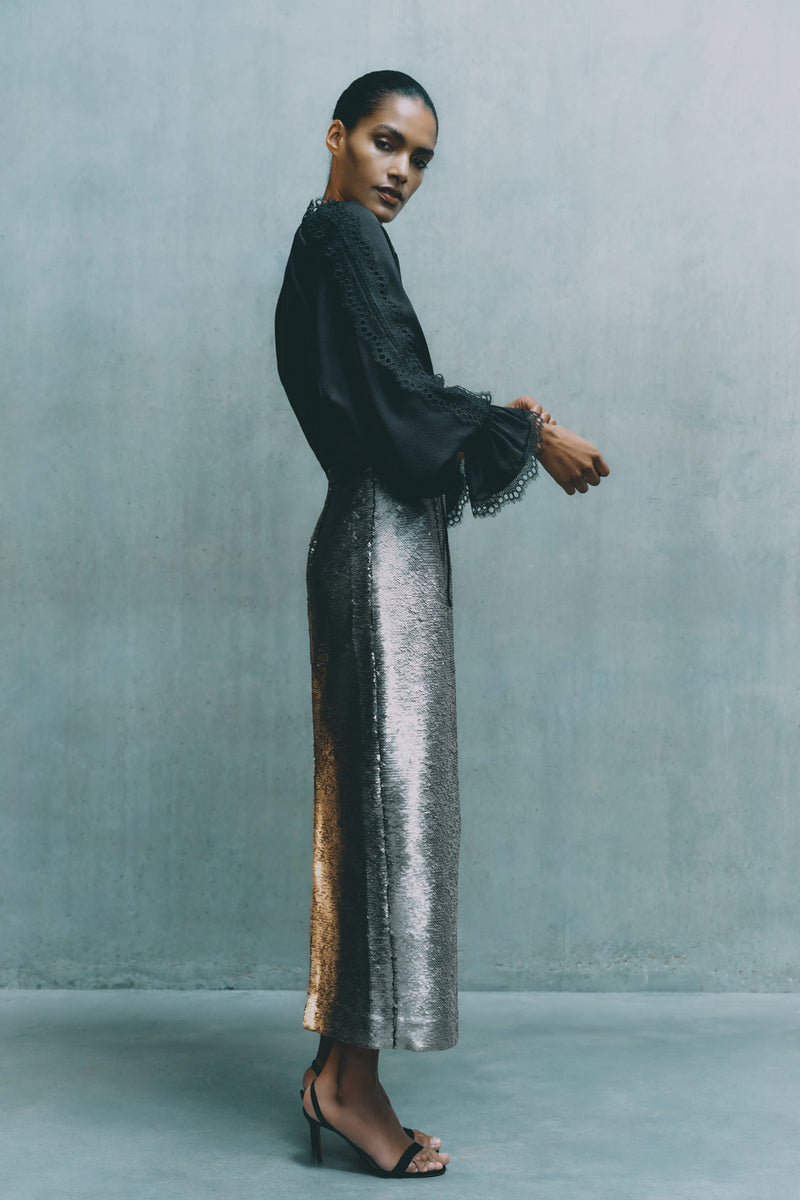 Wiggy Kit | Eva Skirt- Pewter | Model Wearing Silver Sequin Skirt