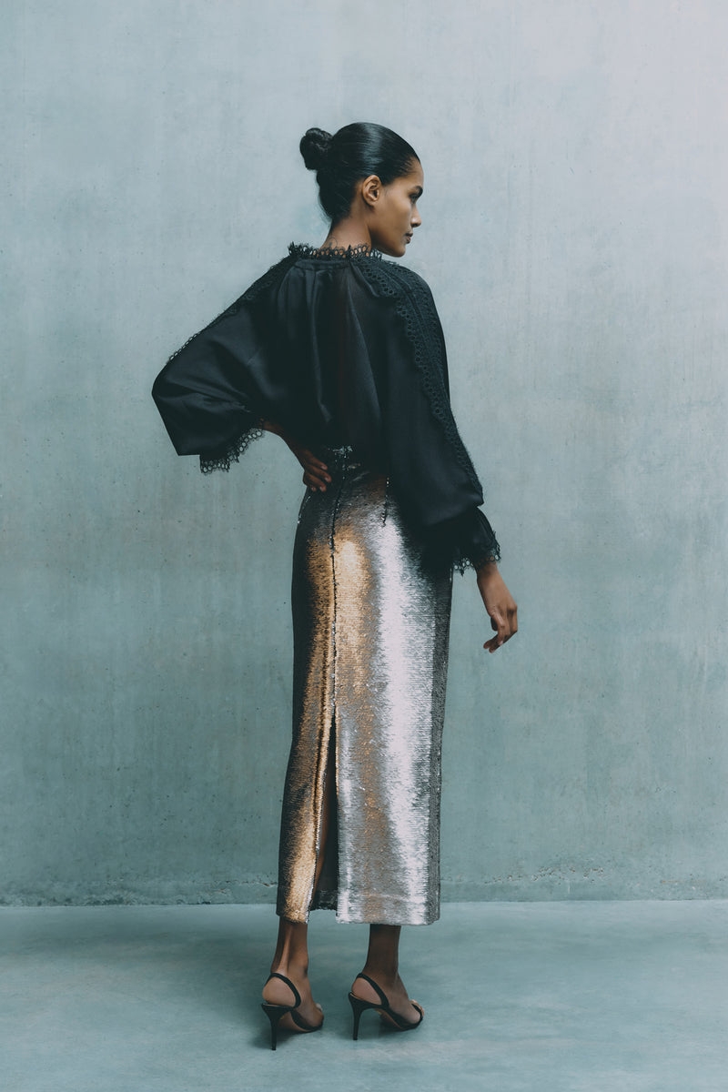 Wiggy Kit | Eva Skirt- Pewter | Model Wearing Silver Sequin Skirt