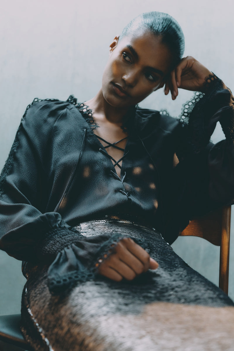 Wiggy Kit | Pirate Shirt in Black | Model Wearing Black Blouse with Long-Sleeves