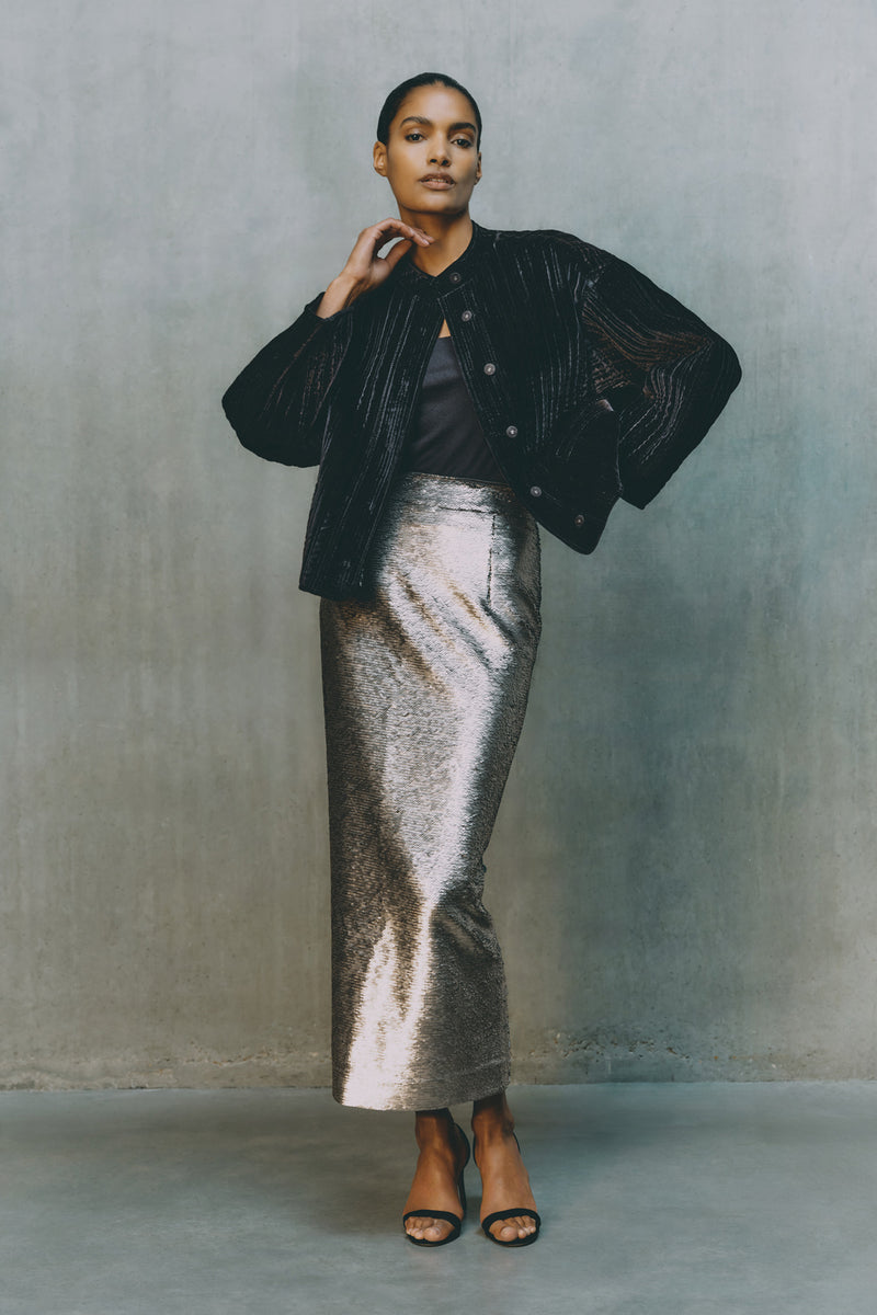 Wiggy Kit | Eva Skirt- Pewter | Model Wearing Silver Sequin Skirt