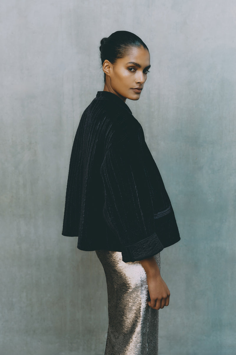 Wiggy Kit | Edie Jacket | Model Wearing Velvet Black Jacket