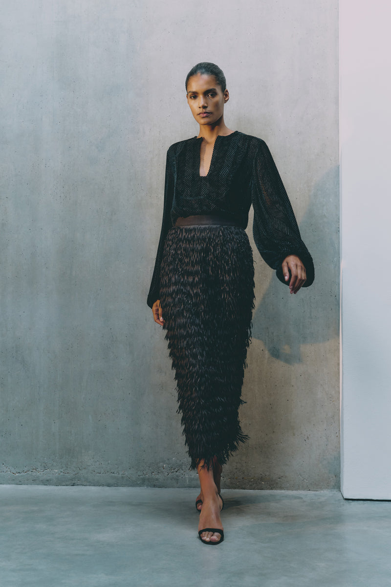 Wiggy Kit | Eva Skirt- Fringed | Model Wearing Black Fringed Pencil Skirt