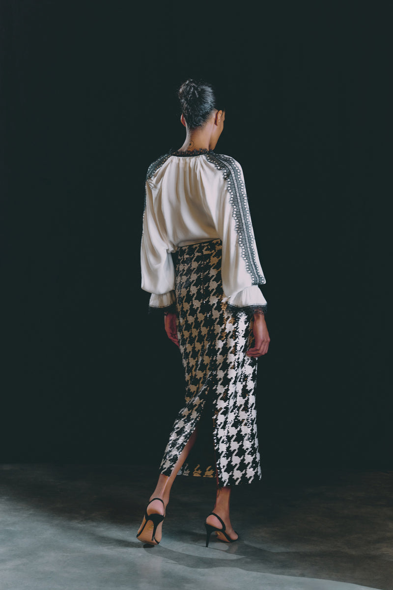 Wiggy Kit | Eva Skirt- Houndstooth Sequin | Model Wearing Black and White Skirt