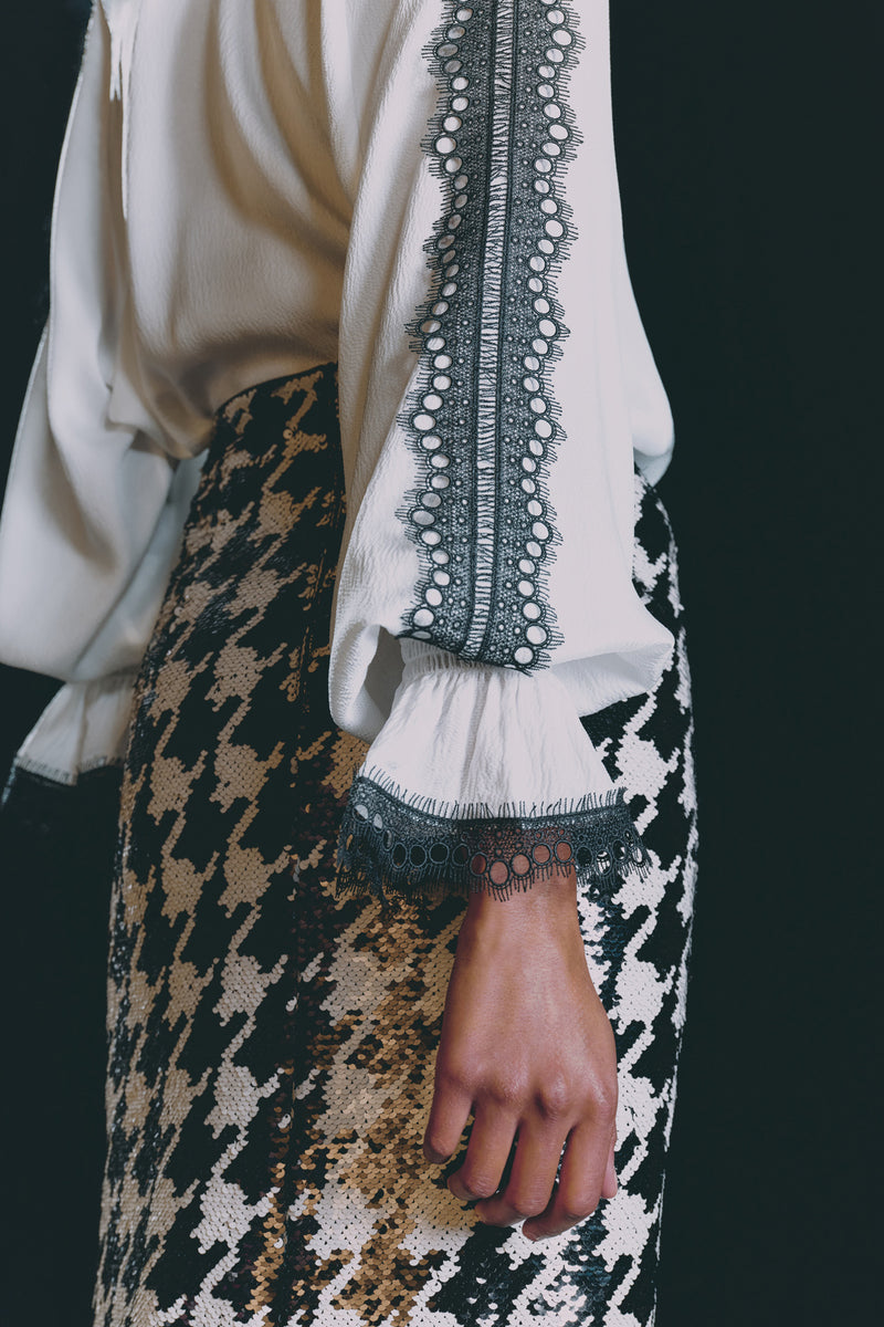 Wiggy Kit | Eva Skirt- Houndstooth Sequin | Model Wearing Black and White Skirt