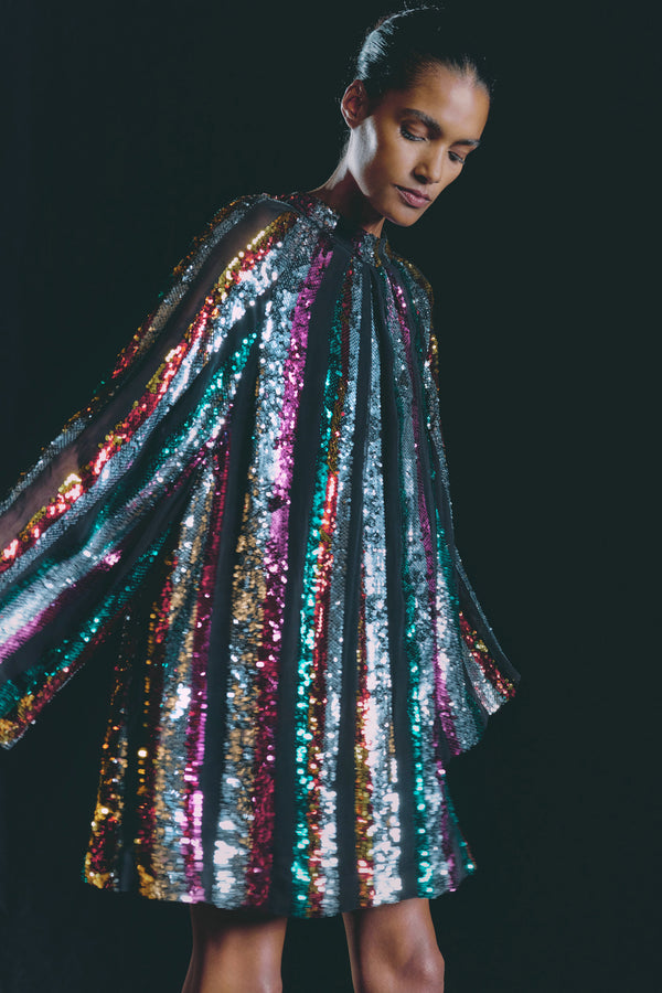 Wiggy Kit | Glitterball Dress Rainbow Sequin | Model Wearing Rainbow Sequin Dress