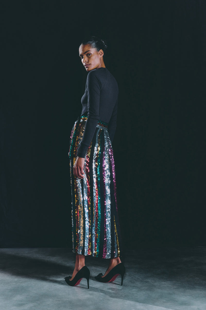 Wiggy Kit | Rainbow Sequin Wrap Skirt | Model Wearing Rainbow Long Sequin Skirt