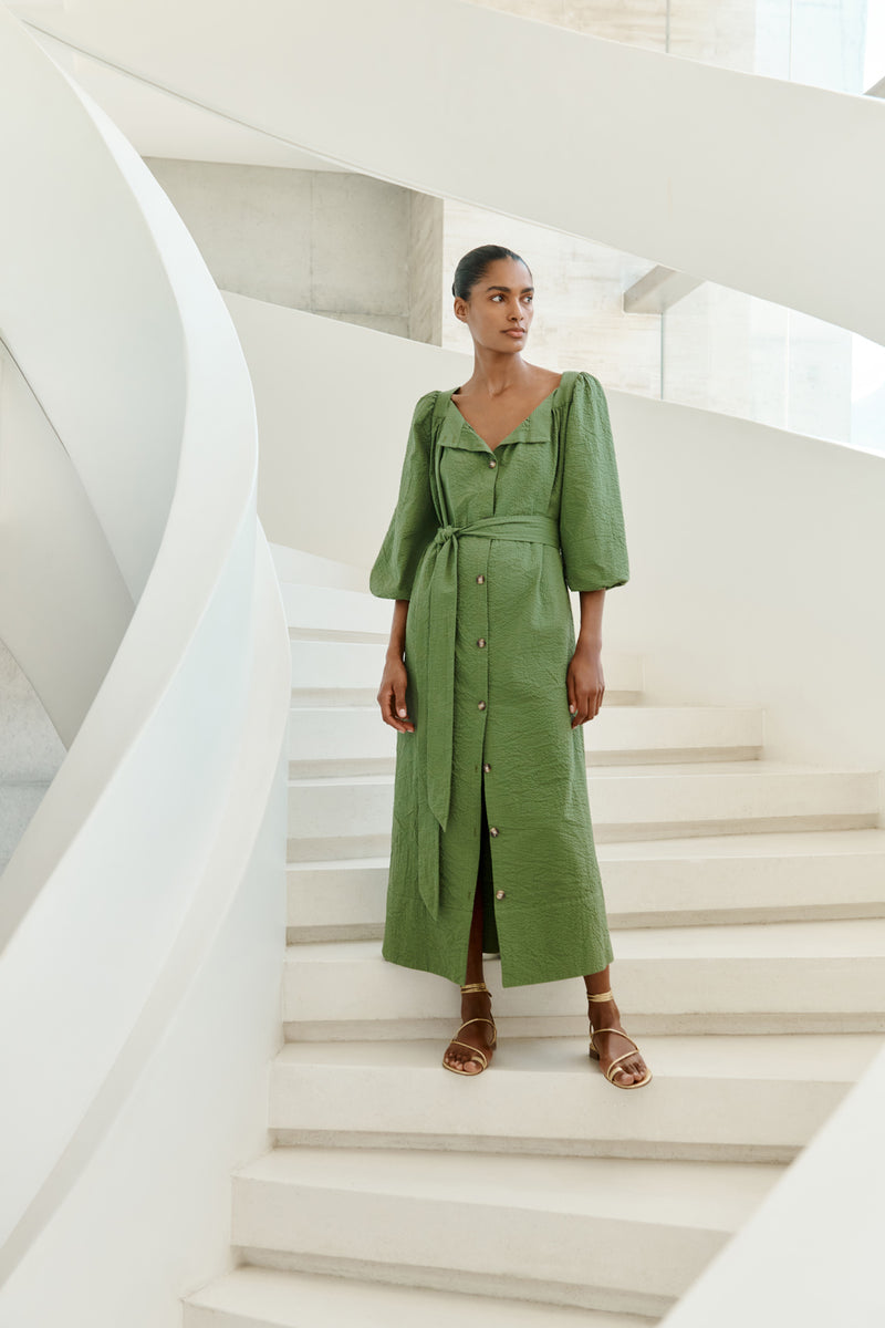 Wiggy Kit | Square Neck Dress (Green Seersucker) | Model wearing maxi green dress with long sleeves