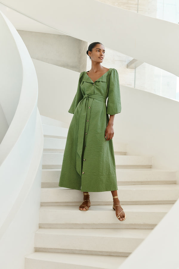 Wiggy Kit | Square Neck Dress (Green Seersucker) | Model wearing maxi green dress with long sleeves