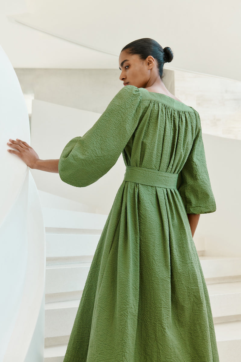 Wiggy Kit | Square Neck Dress (Green Seersucker) | Model wearing maxi green dress with long sleeves