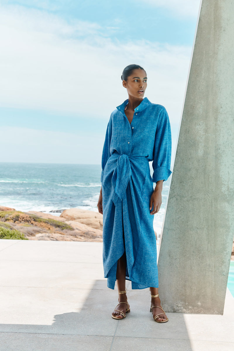 Wiggy Kit | Sarong Shirt Dress | Model wearing long blue shirt dress