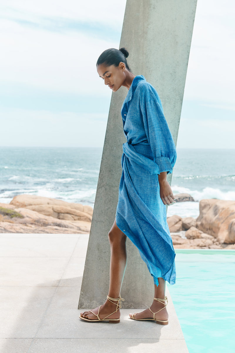 Wiggy Kit | Sarong Shirt Dress | Model wearing long blue shirt dress
