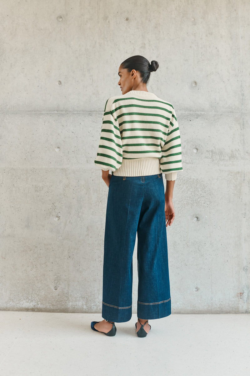 Wiggy Kit | Boardwalk Crew | Model wearing white and green striped knit sweater