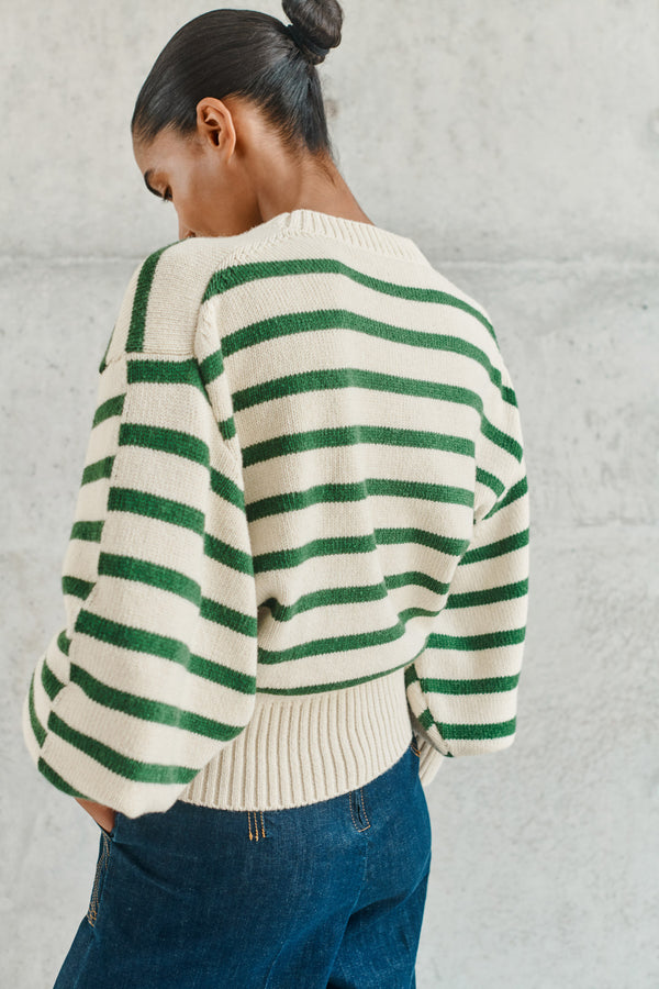 Wiggy Kit | Boardwalk Crew | Model wearing white and green striped knit sweater