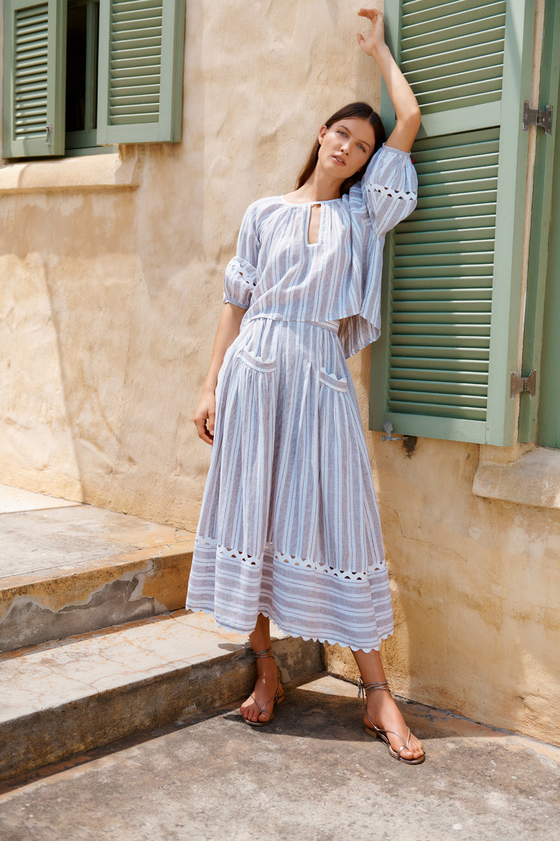 Wiggy Kit | Gaucho Skirt (Brown Stripe) | Model wearing brown and white striped maxi skirt