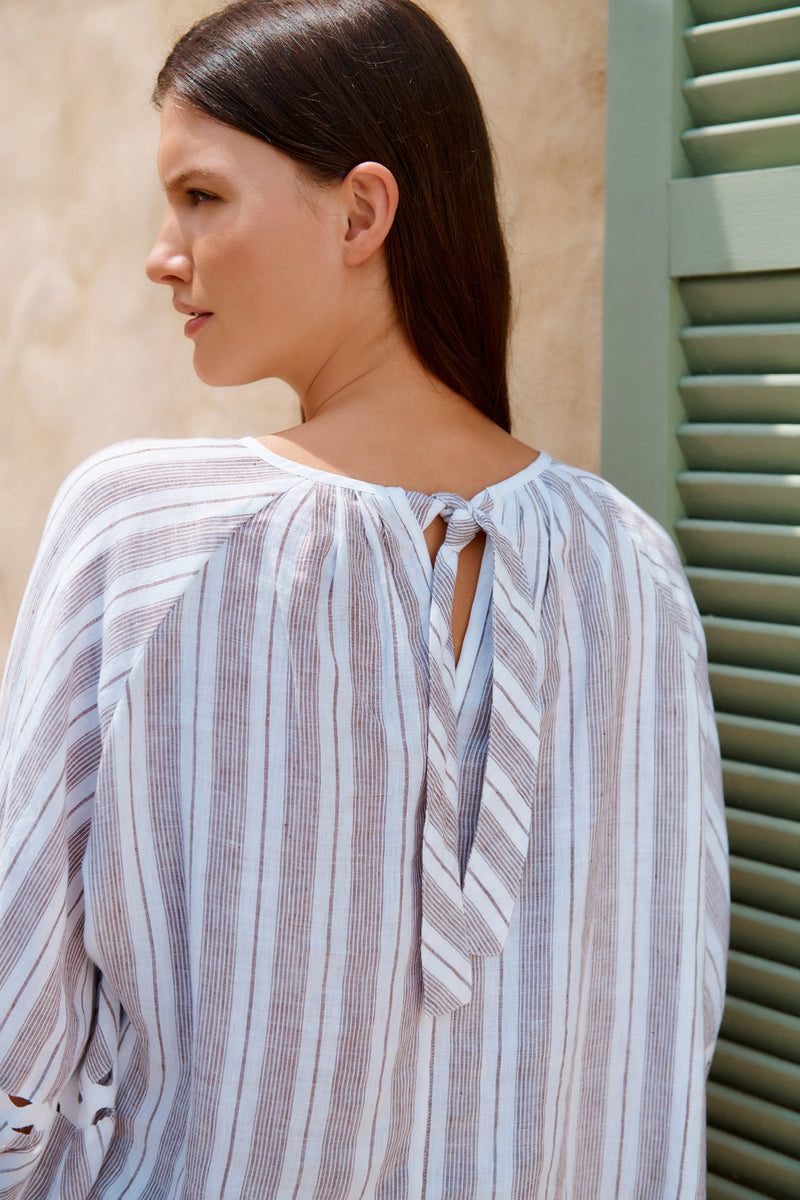 Wiggy Kit | Gaucho Top (Brown Stripe) | Model wearing brown and white striped blouse