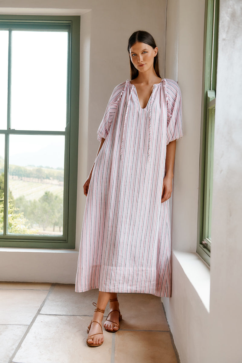 Wiggy Kit | Maxi Bubble Dress (Pink Stripe) | Model wearing maxi striped pink and white dress
