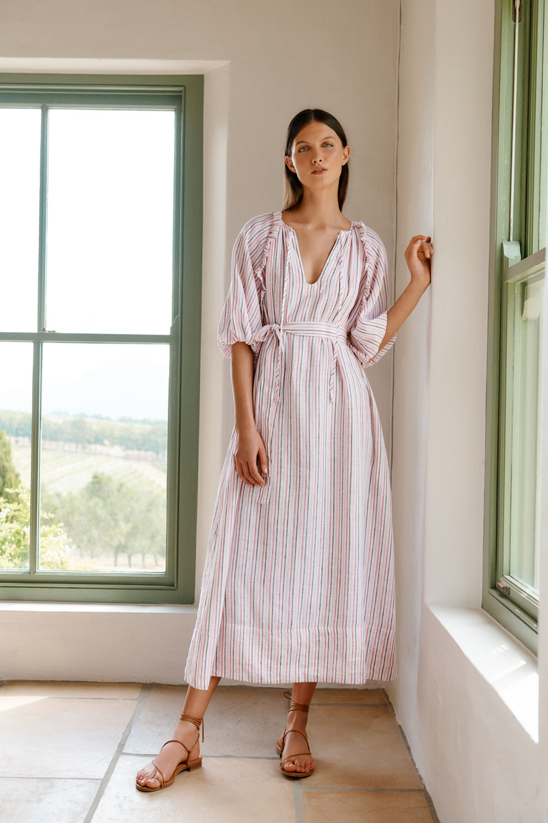 Wiggy Kit | Maxi Bubble Dress (Pink Stripe) | Model wearing maxi striped pink and white dress