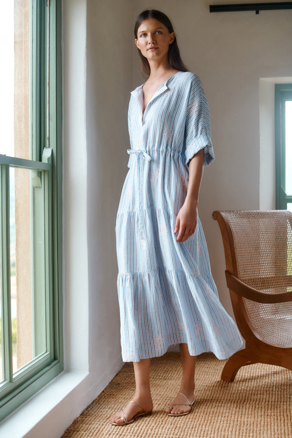 Wiggy Kit | Maxi Drawstring (Blue Stripe) | Model wearing maxi blue stripe dress