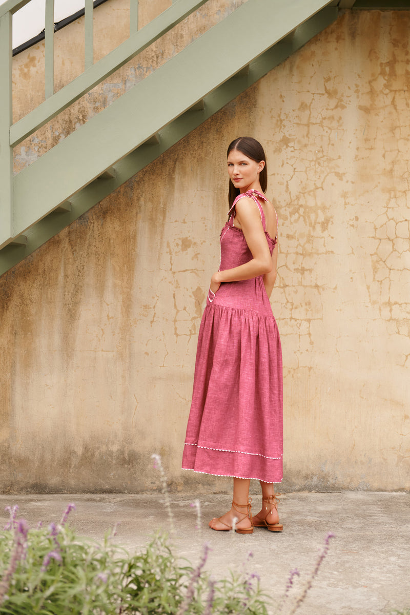 Wiggy Kit | Eden Dress (Pink) | Model wearing midi length pink dress with white trims
