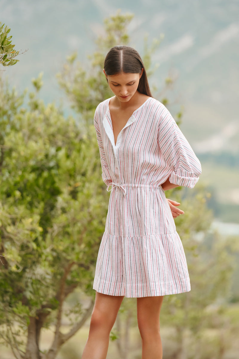 Wiggy Kit | Drawstring Dress (Pink Stripe) | Model wearing pink stripe dress