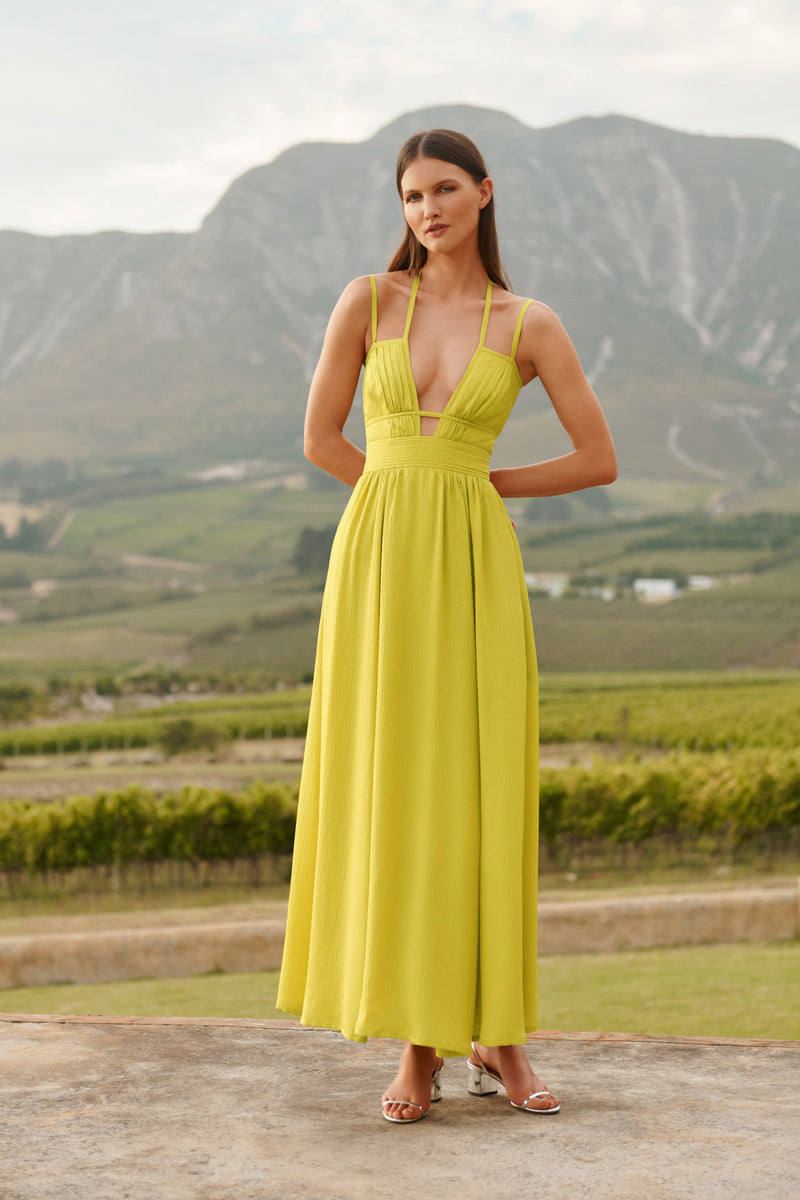 Wiggy Kit | The August Dress | Model wearing maxi occasion dress in yellow silk