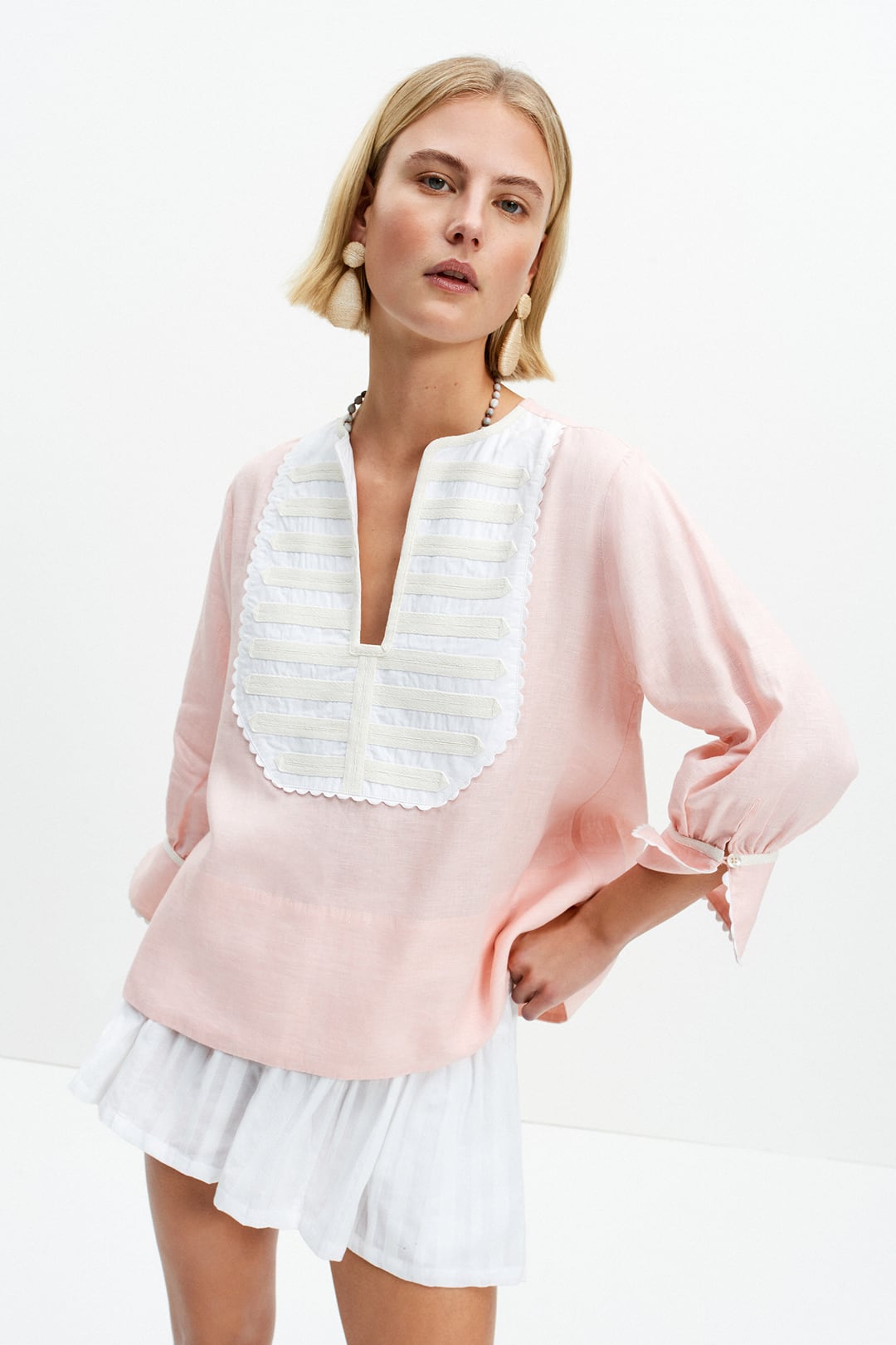The Bib Shirt (Peach Pink Linen)