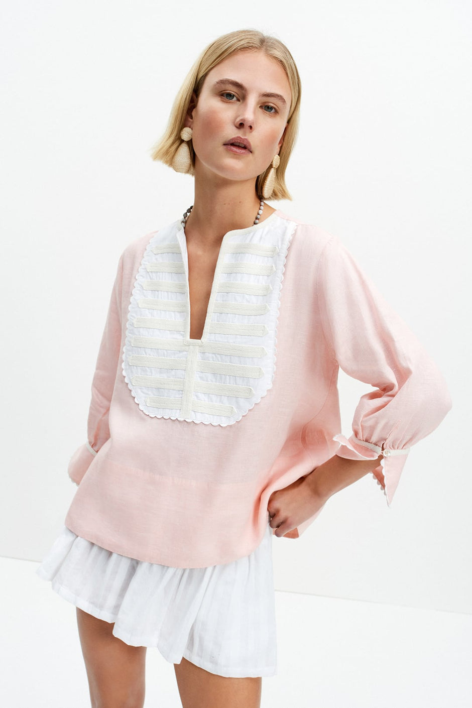 The Bib Shirt (Peach Pink Linen)