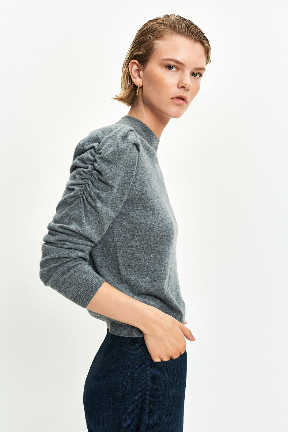 Gather Sleeve Sweater (Marl Grey)