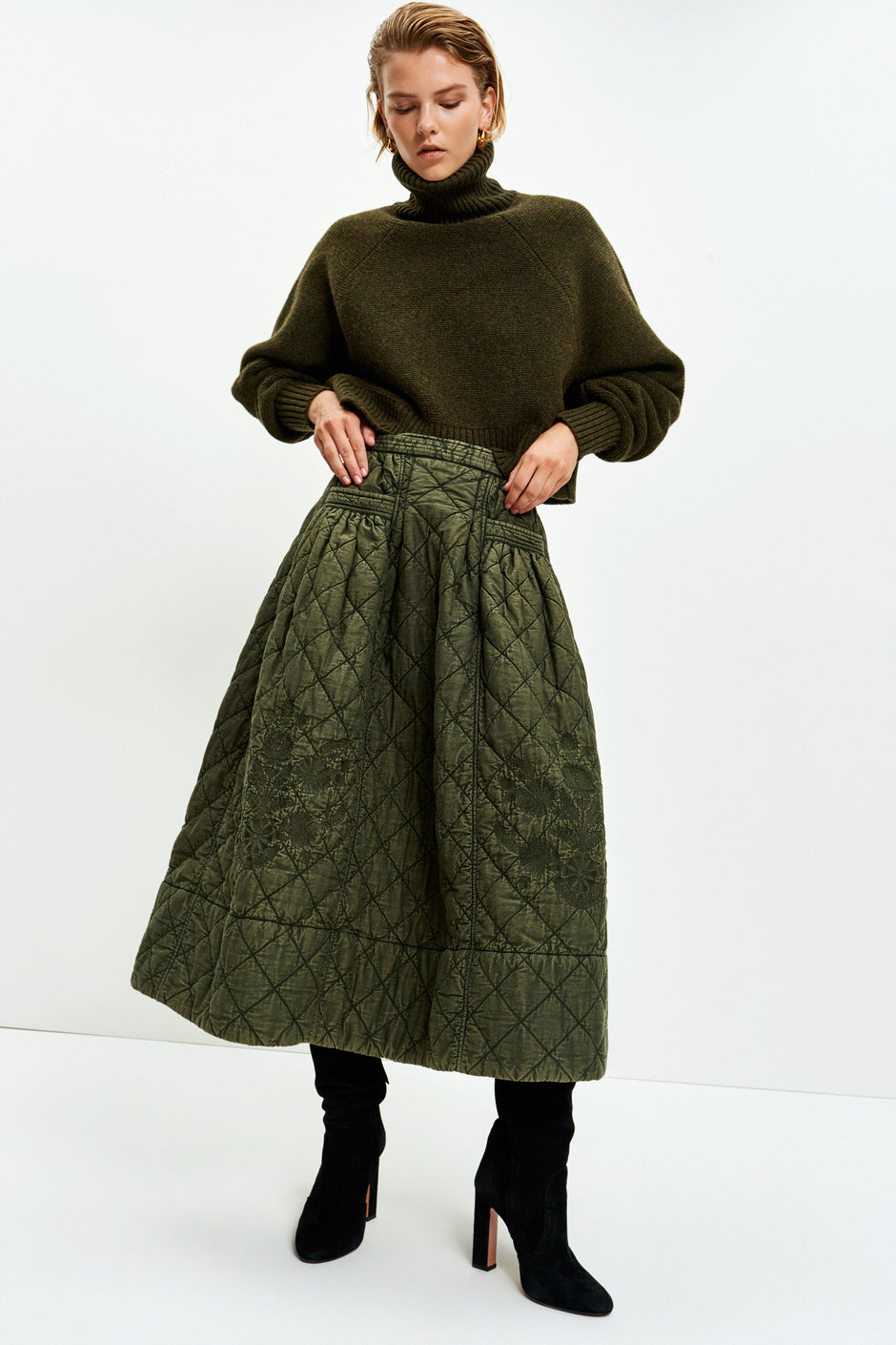 Quilted Gaucho Skirt (Olive)