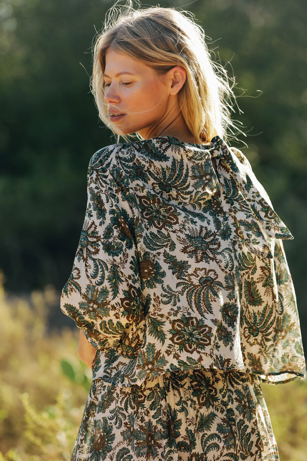 Wiggy Kit | Tie Back Top (Jungle Floral) | Model wearing jungle print green blouse with matching skirt