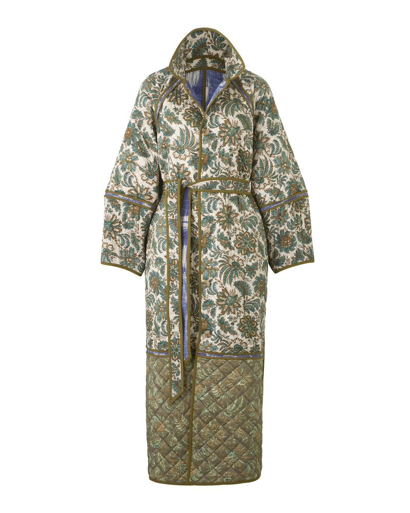 Wiggy Kit | Quilted Raglan Coat | Product image of long floral reversible coat on white background