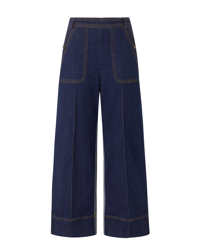 Wiggy Kit | The Inside Stripe Jean | Product image of high waisted dark Indigo jeans
