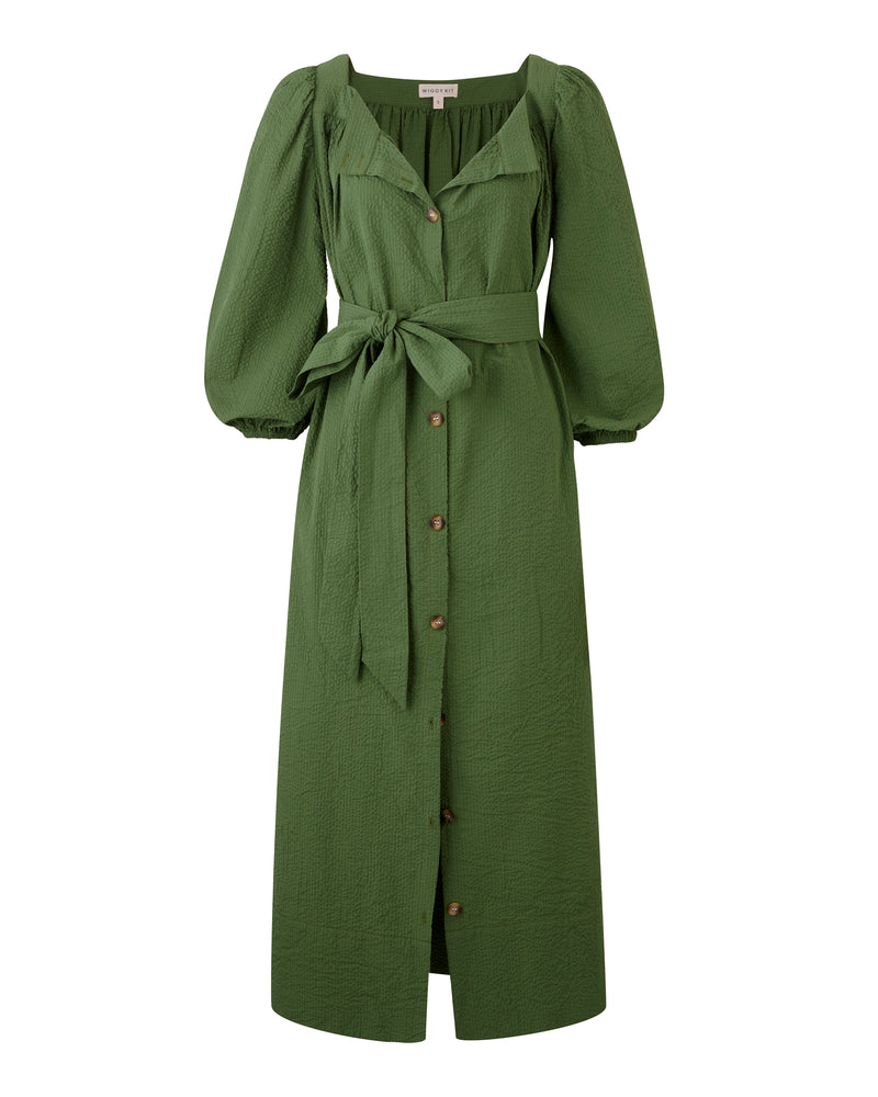 Wiggy Kit | Square Neck Dress (Green Seersucker) | Product image of maxi green dress with long sleeves